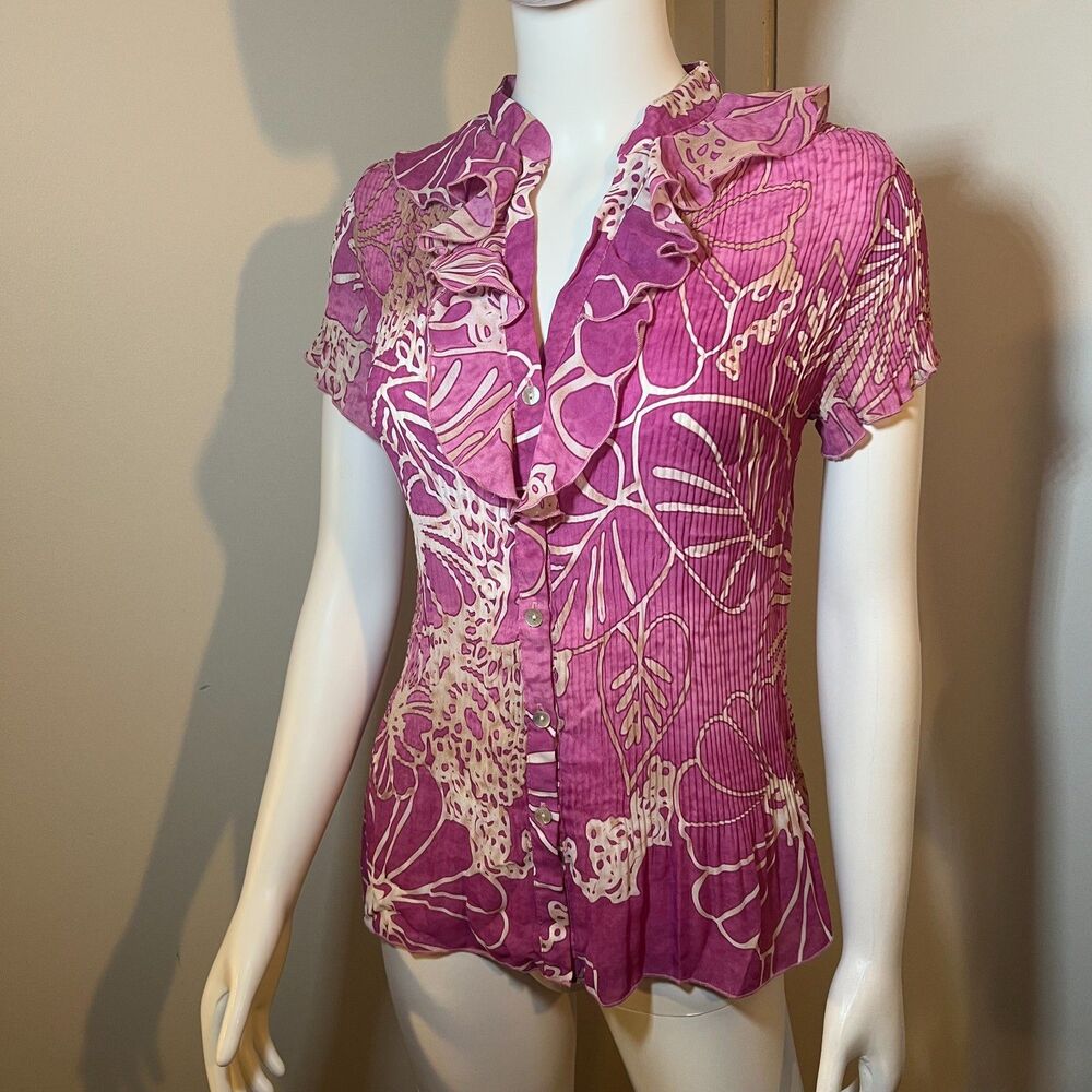 Nicola Vintage 90s Y2K Blouse S - Tropical Resort Ruffle Crinkle Retro Vacation